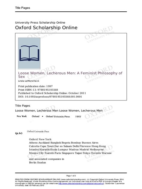 Loose Women Lecherous Men A Feminist Philosophy Of Sex By Linda Lemoncheck 1997 Pdf