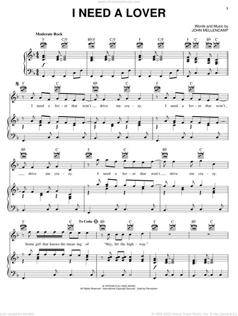 Mellencamp I Need A Lover Sheet Music For Voice Piano Or Guitar