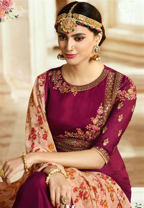 Buy Magenta Barfi Silk Indian Wedding Anarkali In Uk Usa And Canada