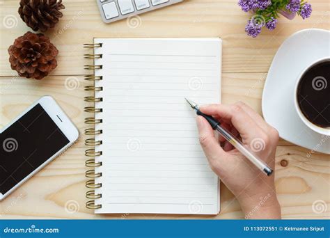 Hand Write On Notebook On Wood Working Desk Editorial Photo Image Of