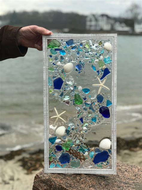 Mosaic Coastal Window 21x 11 Mixed Media Sea Glass Mosaic Glass Art