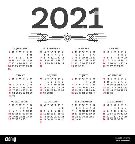 Calendario 2021 Aislado Sobre Fondo Blanco La Semana Comienza El Domingo Ilustración Vectorial