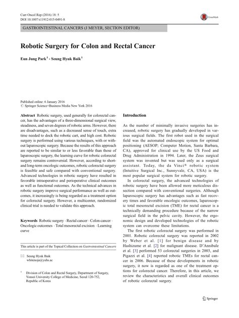 PDF Robotic Surgery For Colon And Rectal Cancer