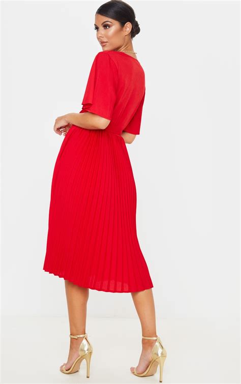 Red Pleated Midi Dress Dresses Prettylittlething Uae