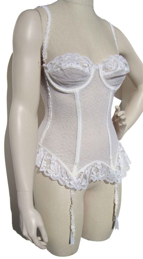 Vintage 80s Corset Bustier White Lace And Garter Lingerie