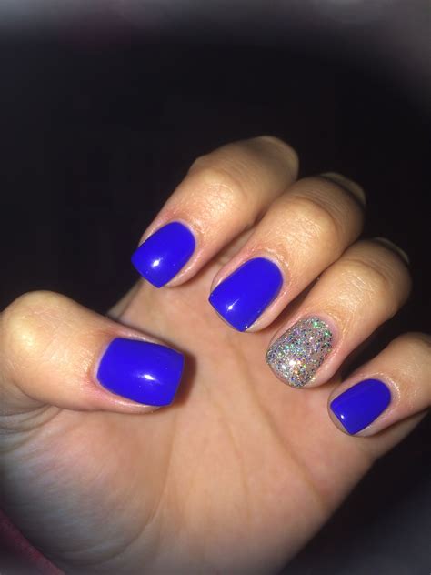 Short Acrylic Nails Royal Blue With Sparkle Accent Square Acrylic