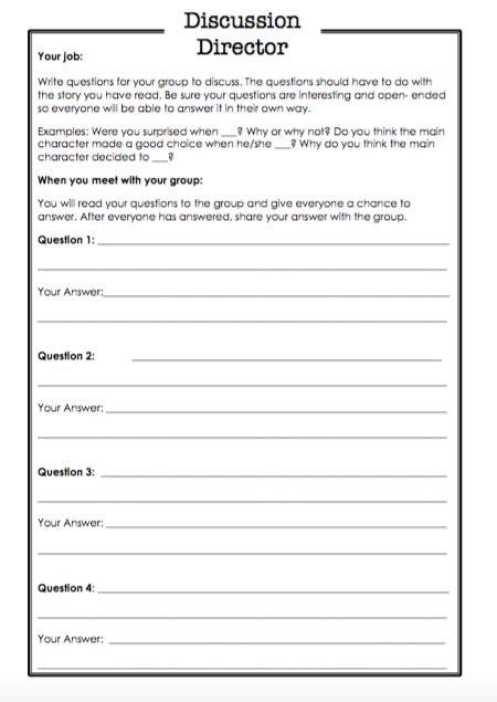 Students use their experiences to create meaning, make connections. Literature Circle Worksheet - Teacha!