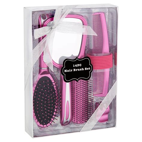 Hair Brush Comb Mirror And Hair Accessories T Set Pink 14 Pcs