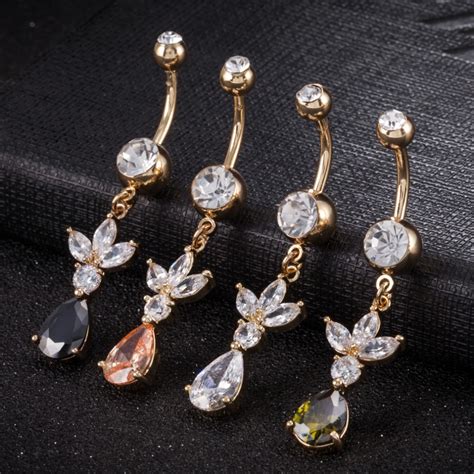 Fashion Cute Flower Zircon Sexy Dangle Navel Piercing Rings Surgical Steel Belly Button Rings