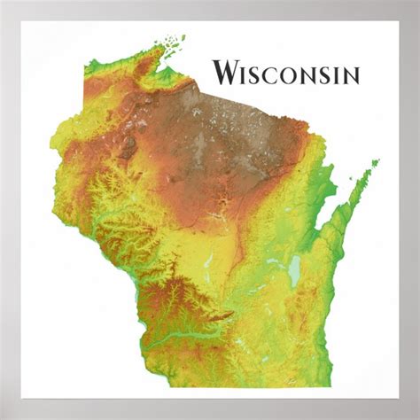 Wisconsin Topographic Shaded Relief Map Poster