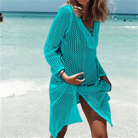 Lace Up Knitted Hollow Out Beach Dress Tunic 2021 Summer Women Bikini
