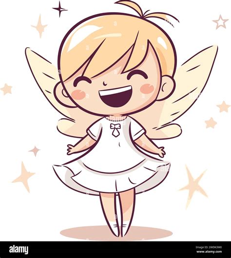 Cute Little Girl In White Dress With Wings And Stars Vector