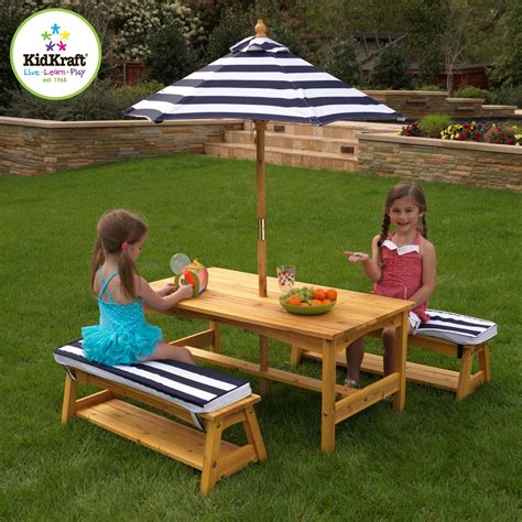 Kidkraft Outdoor Table And Bench Set With Cushions And An Umbrella By Oj