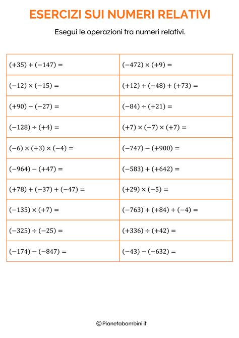 I numeri che abbiamo visto fino ad ora sono numeri interi. Esercizi sui Numeri Relativi per la Scuola Primaria da ...
