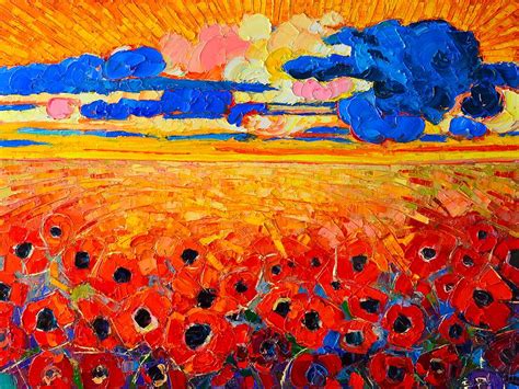 Abstract Field Of Poppies Under Cloudy Sunset Painting By