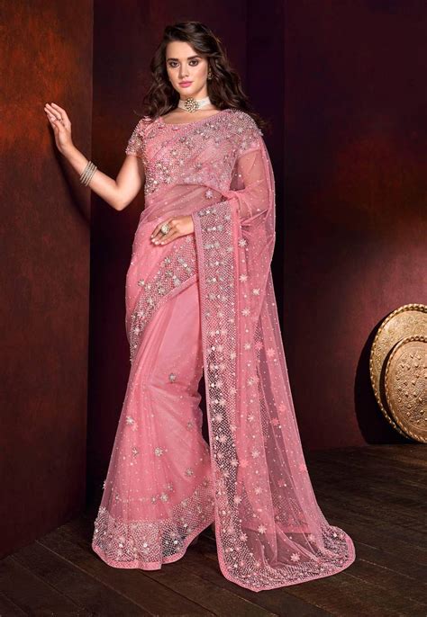 Pink Embroidered Net Saree With Blouse Lilots 3093971
