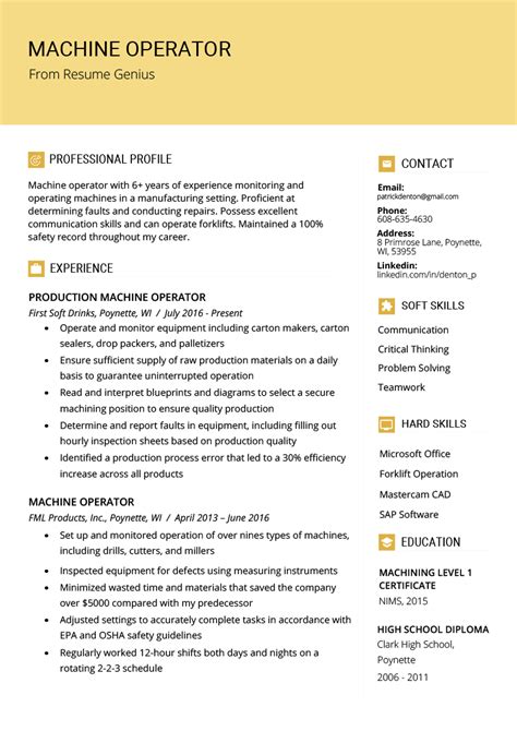 These resume examples are ideal for those looking to work in a customer service capacity, including as cashiers, salespeople and managers in a variety of retail settings, such as clothing, furniture and automobile. Machine Operator Resume | Sample & Writing Tips | Resume ...