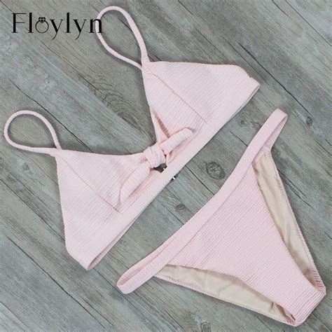 Buy Floylyn Sexy Solid Biquinis Padded Tied Bowknot