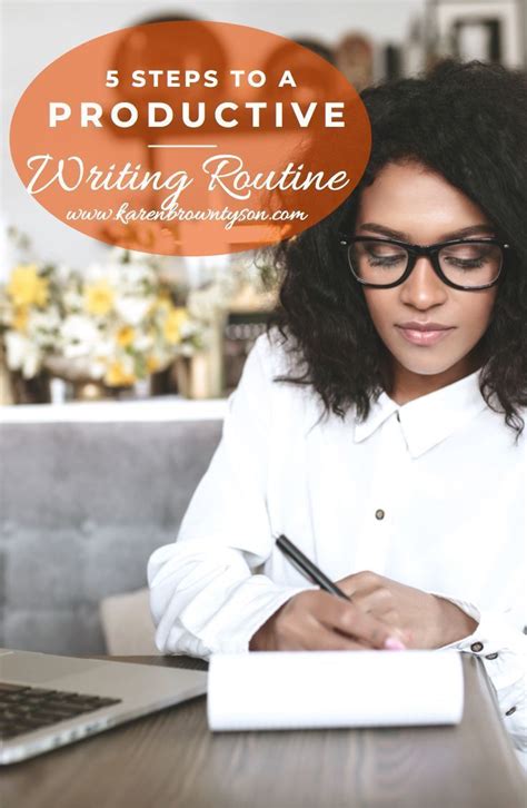 a woman sitting at a table writing in front of a laptop with the title 5 steps to a produtive