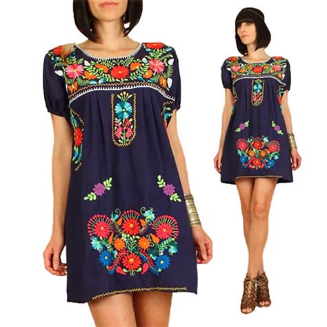 Summer Latest Mexican Embroidered Dress Women Ethnic Blouse Vintage