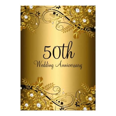 Gold Black Diamond Floral Swirl 50th Anniversary Invitation Zazzle