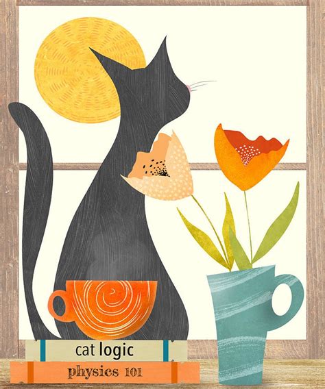 Black Cat Illustration Flower Art Whimsical Wall Decor Tea