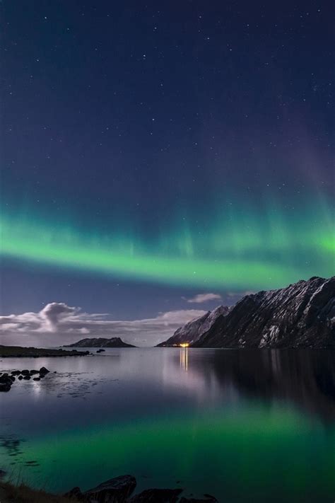Wallpaper Norway Lofoten Islands Northern Lights Night Sea