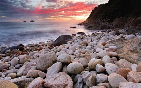 Landscapes Seascape Sunset Sunrise Ocean Sea Sky Clouds Stone Rock Shore Coast