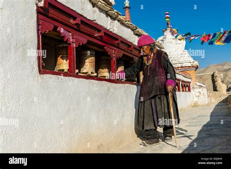 An Old Ladakhi Woman Is Walking Around Lamayuru Gompa The Oldest And