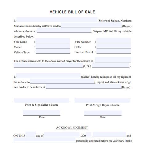 Editable Printable Free Bill Of Sale Template For Car