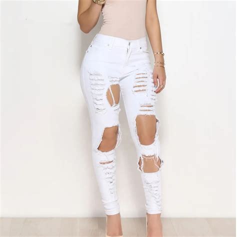 sexy big holes ripped jeans tassels skinny high waisted pencil pants women trousers black white