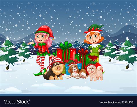 Snowy Night Scene With Christmas Cartoon Vector Image