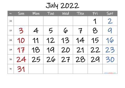Printable Calendar July 2022 Free Premium