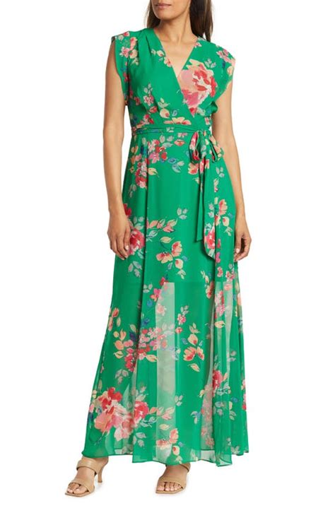 Eliza J Tie Waist Floral Maxi Dress In Green Modesens