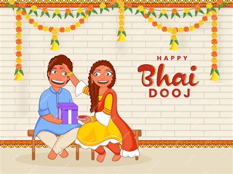 Premium Vector Cheerful Sister Applying Tilak Or Mark To Forehead Of Her Brother During Bhai