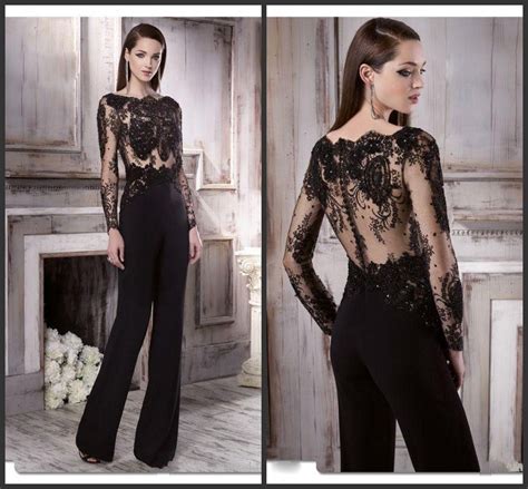 Black Lace Women Pant Suits Beaded Mother Of The Bride Formal Wear Long