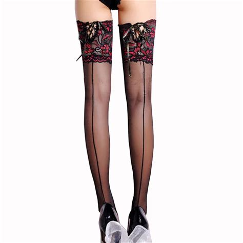 Women Knee High Lace Stockings Back Seam Nylon Female Sexy Stockings Thigh High Long Silicone