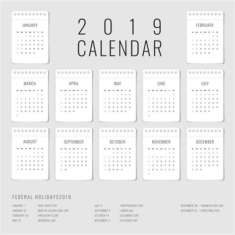 Printable Calendar 2019 Set Of 12 Monthly Template 268459 Vector Art At