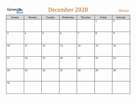 December 2028 Monthly Calendar With Ukraine Holidays