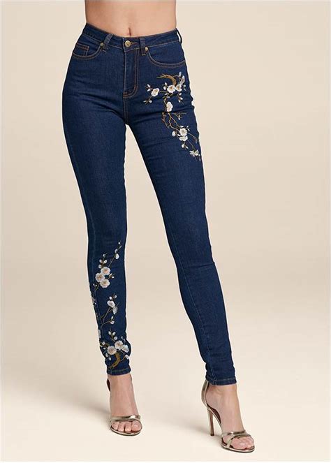 Floral Embroidered Skinny Jeans In Dark Wash Denim Venus