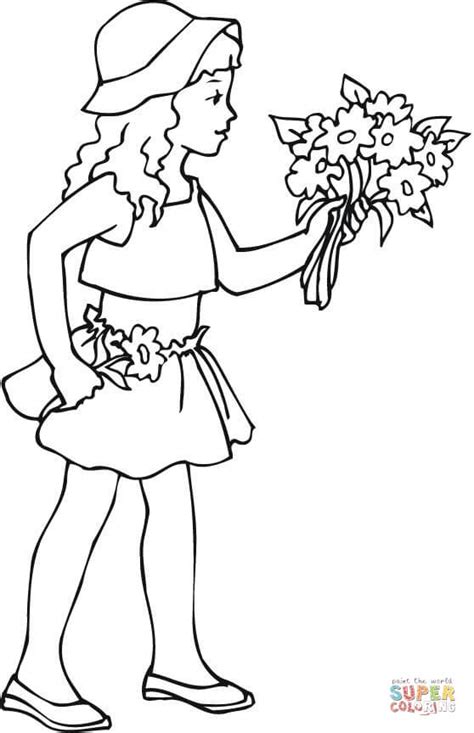 A Girl Holding A Bouquet Of Flowers Coloring Page Free Printable