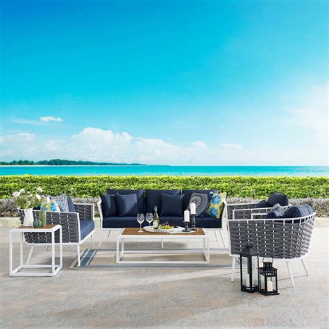 Stance 7 Piece Outdoor Patio Aluminum Sectional Sofa Set In White Navy