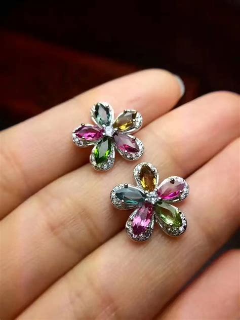 Natural Multicolor Tourmaline Stud Earrings Silver Natural Gemstone