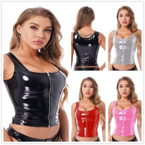 Sexy Women Front Zipper Wetlook Patent Leather Crop Top Tank Tops Paty Clubwear 1221 Picclick