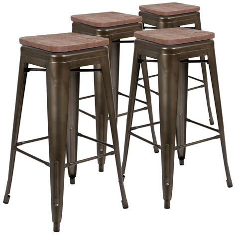 Set Of 4 Brown Counter Height Stackable Bar Stools 30