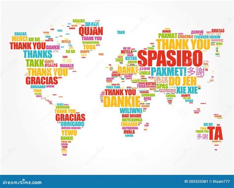 Thank You In Many Languages World Map In Typography Stock Illustration