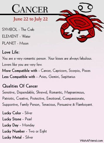 Cancer is the most compatible with scorpio, pisces and cancer. I NEVER KNEW ABOUT THE LUCKY COLOR AND HOW WEIRD THAT I ...