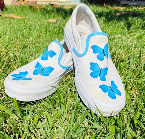 Butterfly Hand Painted Custom Vans Blue Butterfly Slip On Etsy