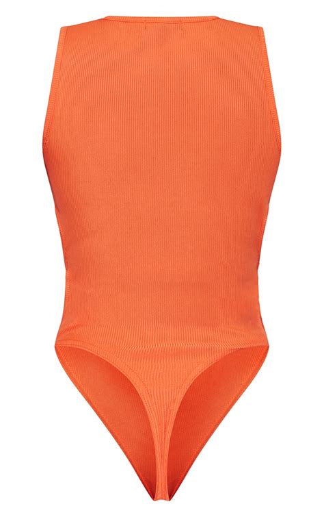 Orange Rib Cut Out Side Sleeveless Bodysuit Prettylittlething