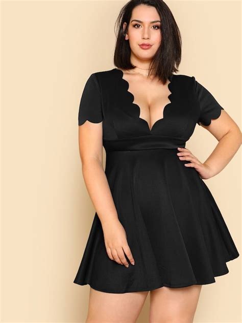 Plus Plunging Neck Scallop Edge Dress Shein Plus Size Dresses Mesh